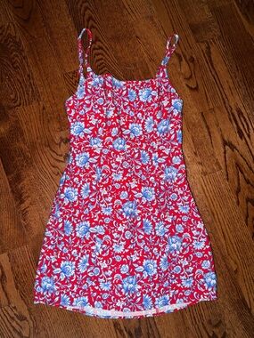 Mango Red Floral Spaghetti-Strap Dress with Blue Flowers